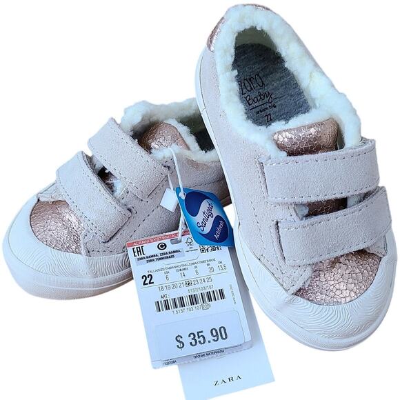 ZARA Baby NEW Sherpa Suede Leather Sneakers Copper Pink Toddler Girl Sz 6 - Picture 1 of 5